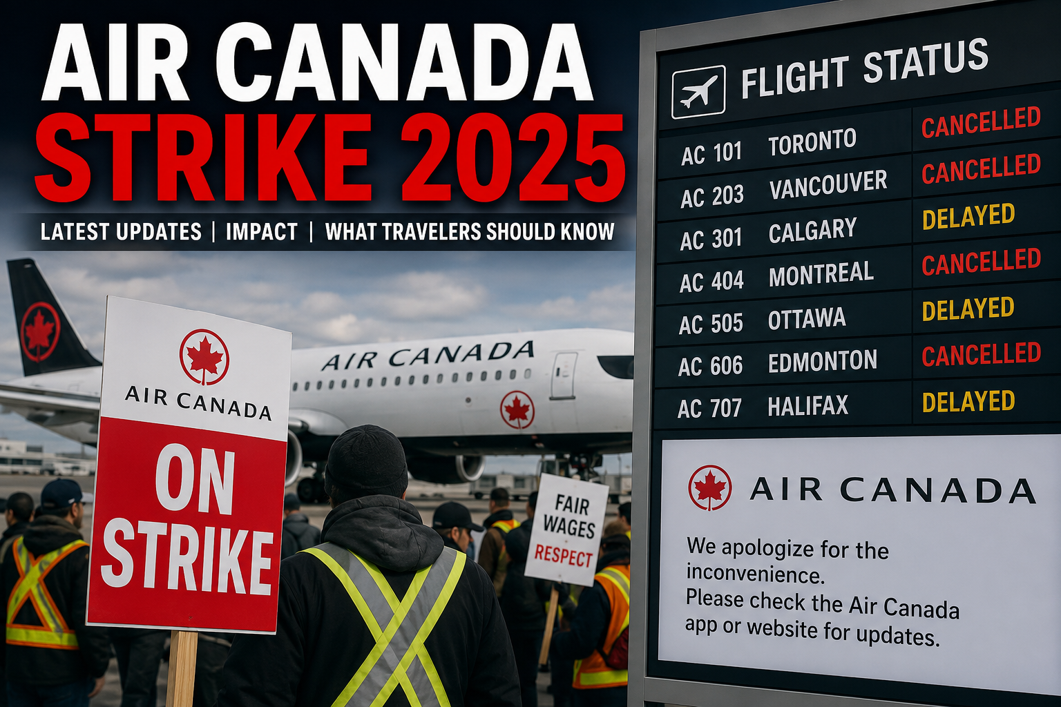 Air Canada Strike 2025 protest at an airport with canceled flights.