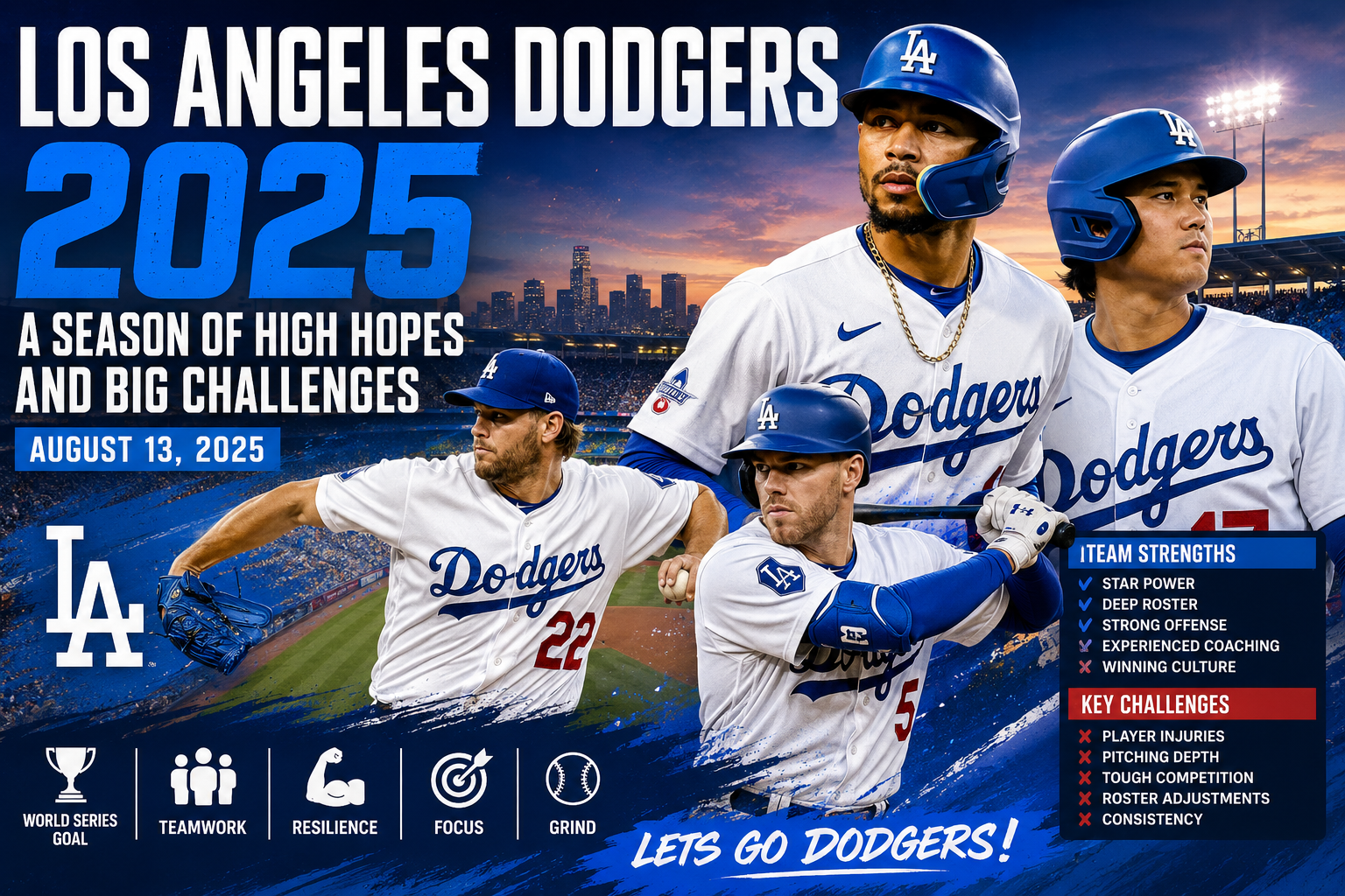 Los Angeles Dodgers 2025 season poster with players and playoff hopes.