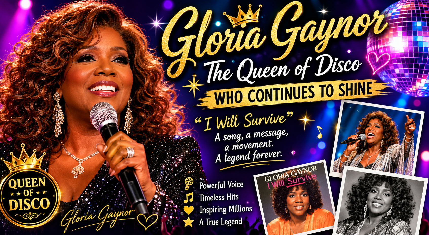 Gloria Gaynor performing with disco lights and a microphone.