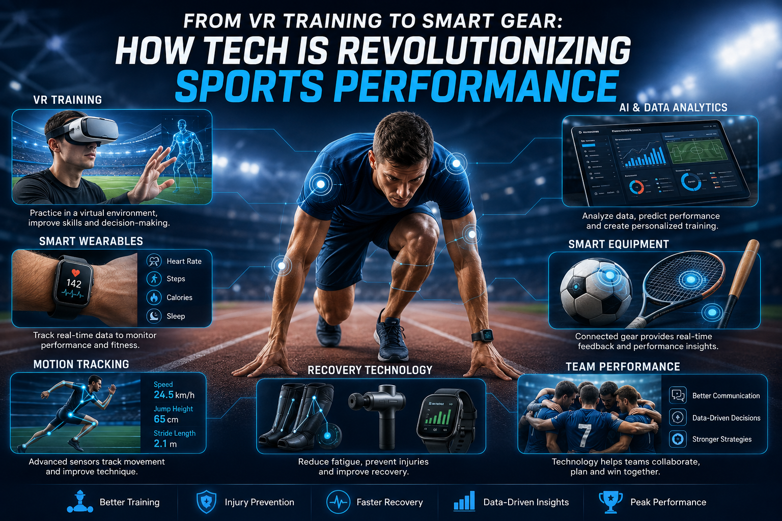 Tech-driven sports performance infographic with VR, AI, wearables, and smart gear.