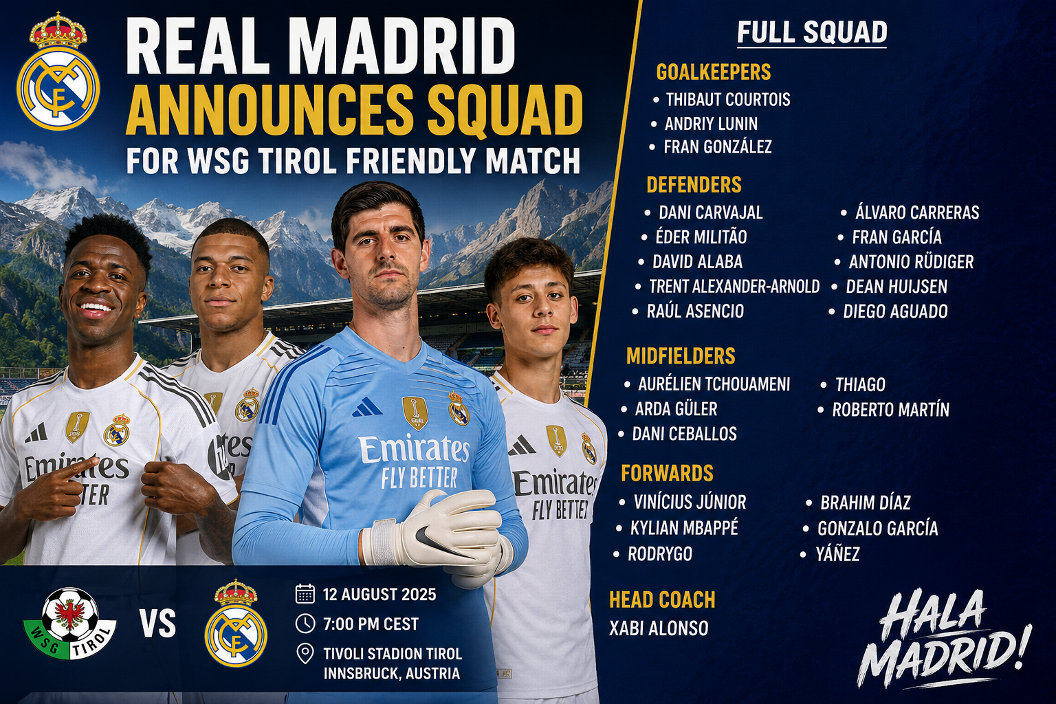 Real Madrid squad vs WSG Tirol