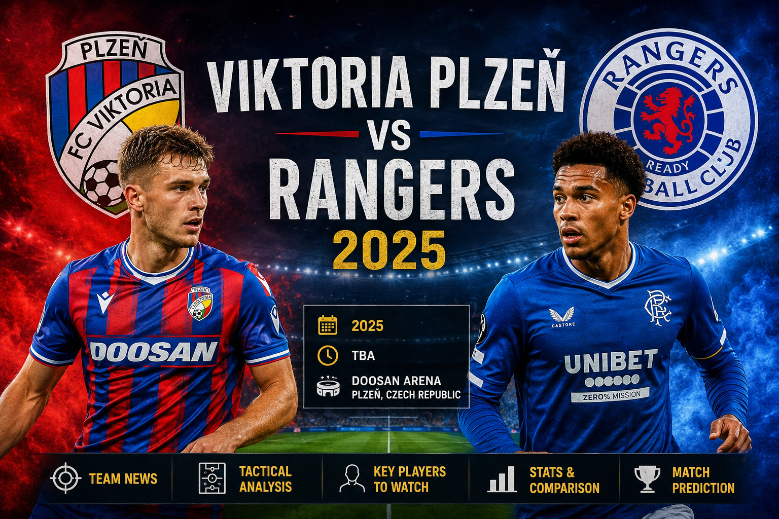 Viktoria Plzeň vs Rangers 2025 football match poster.