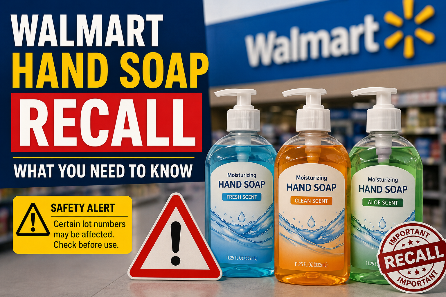 Walmart hand soap recall safety alert graphic.
